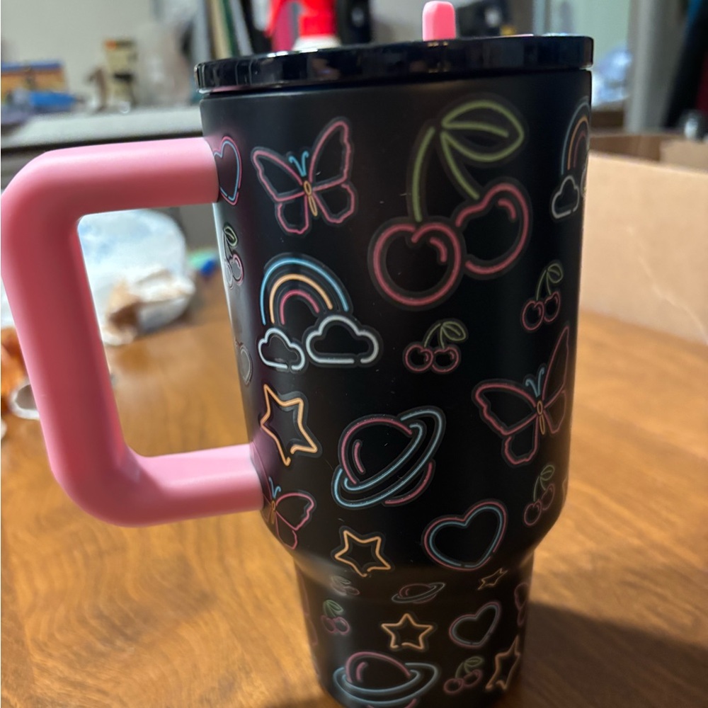 Black Mug with Pink Handle and Colorful Designs